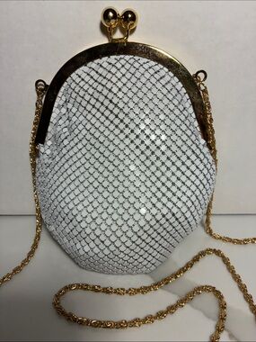 White Mesh Evening Crossbody Bag with Gold Chain